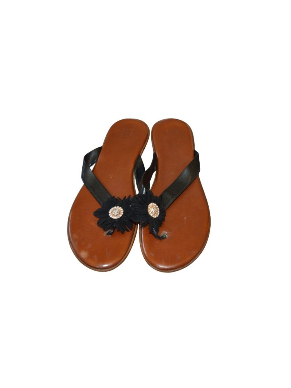 Italian Shoemakers Rhinestone Flower Flip Flop Sandals Black Women 9 Boho Summer